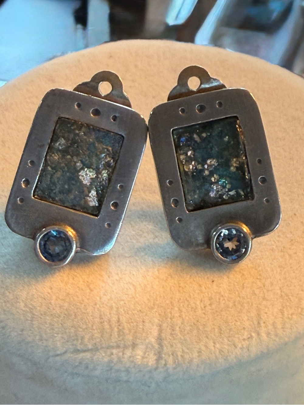 Sterling Silver Roman Glass and Faceted Quartz Clip on Earrings